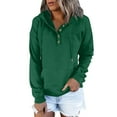 thumbnail image 1 of Lightweight V Neck Hoodies for Women Waffle Knitted Long Sleeve Hooded Pullover Tops with Buttons Thin Plain Loose Sweatshirts Cotton #07 Green XL, 1 of 4