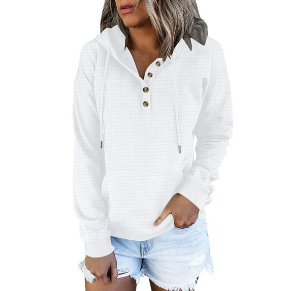 Lightweight V Neck Hoodies for Women Waffle Knitted Long Sleeve Hooded Pullover Tops with Buttons Thin Plain Loose Sweatshirts Cotton #10 White M