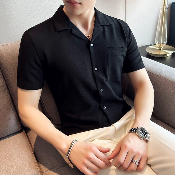 Lightweight Waffle Cuban Neck Breathable Short Sleeve Shirt