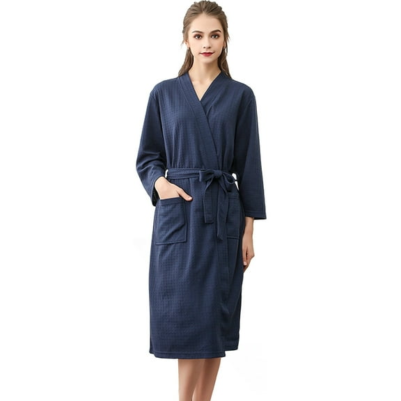 Lightweight Waffle Knit Bathrobe for Men & Women - Solid Color Lounge Robe - Home Spa & Hotel Style Wear | Hontri | Unisex Breathable Solid Color Bathrobe Splicing Home Clothes Robe (Navy | M)