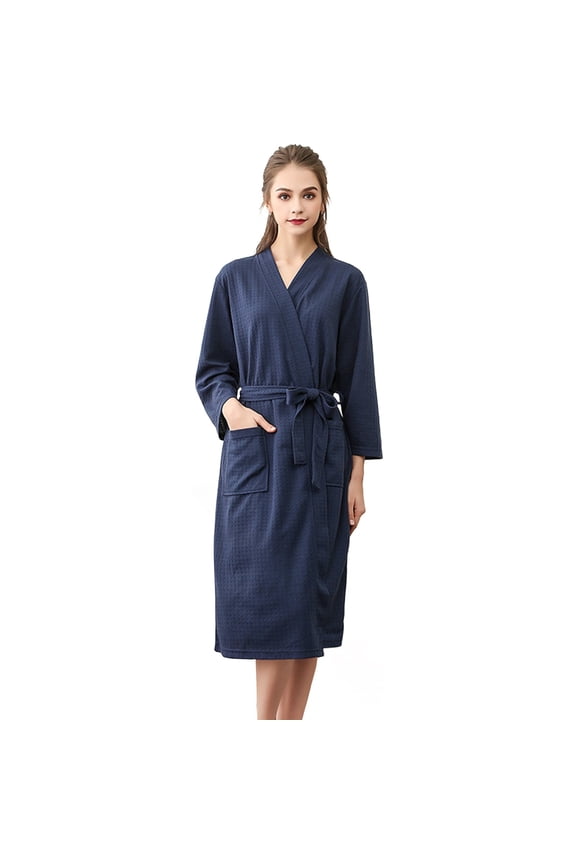 Lightweight Waffle Knit Bathrobe for Men & Women - Solid Color Lounge Robe - Home Spa & Hotel Style Wear | Hontri | Unisex Breathable Solid Color Bathrobe Splicing Home Clothes Robe (Navy | M)