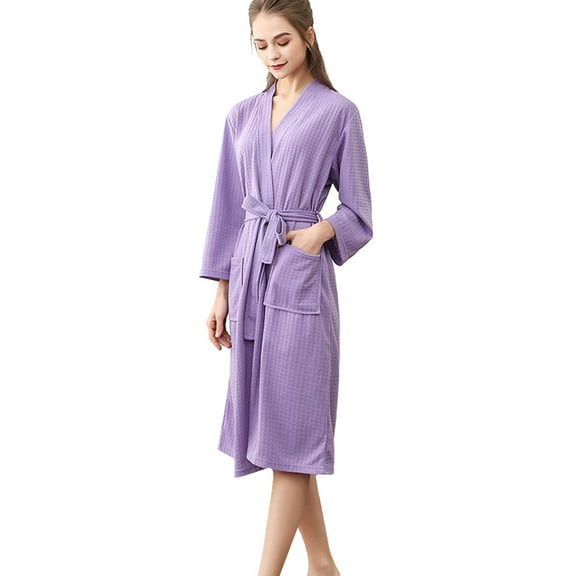 Lightweight Waffle Knit Bathrobe for Men & Women - Solid Color Lounge Robe - Home Spa & Hotel Style Wear | Hontri | Unisex Breathable Solid Color Bathrobe Splicing Home Clothes Robe (Purple | M)