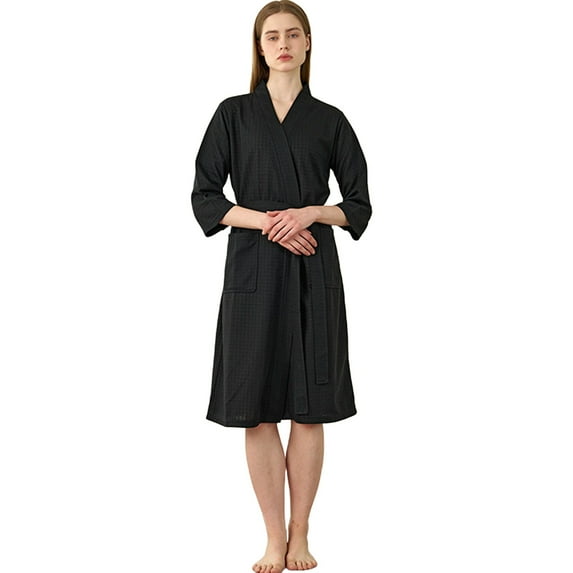 Lightweight Waffle Knit Bathrobe for Men & Women - Solid Color Lounge Robe - Home Spa & Hotel Style Wear | Hontri | Unisex Breathable Solid Color Bathrobe Splicing Home Clothes Robe (Black | M)