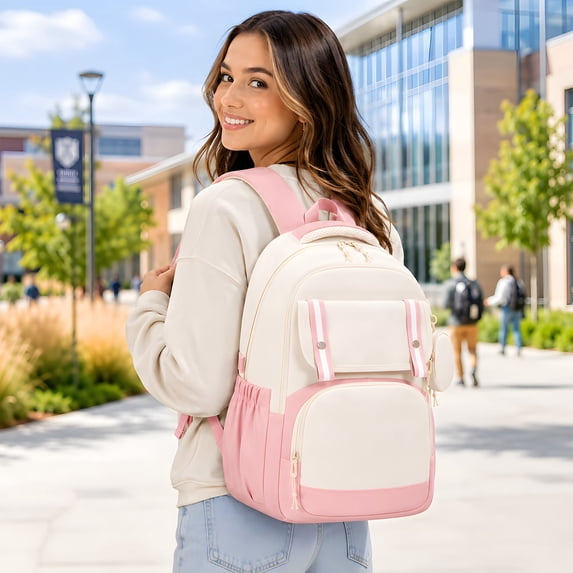 Lightweight Water Resistant Large Capacity School Backpack, College Bookbag with Breathable Padded Shoulder Straps & Attached Coin Purse Pink