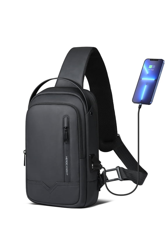 Travel Sling Bag with USB Charging Port, Slim Men Crossbody Chest Bag for Daily Commute Outdoor Sports Black