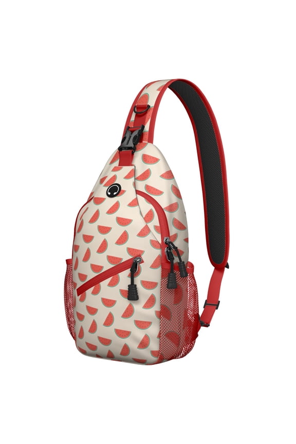 Lightweight Watermelon Print Travel Sling Backpack, Cute Tropical Fruit Pattern with Geometric Design, Durable Crossbody Bag for Beach and Summer Events