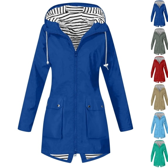 Lightweight Waterproof Rain Coats Women Rain Jacket with Hood Windbreaker Raincoat Outdoor Travel Hiking Trench Coat,Blue L