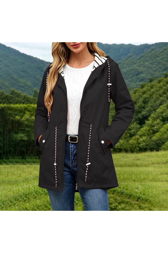 Lightweight Waterproof Rain Jacket For Women, Packable Hooded Windbreaker Coat With Hand Pockets Outdoor Wear Black L