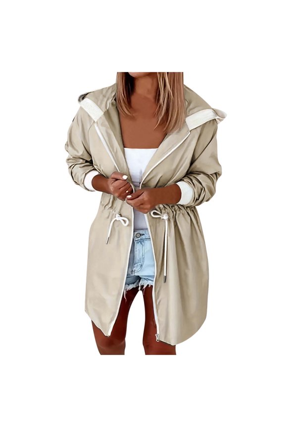 Lightweight Waterproof Rain Jacket Women Windbreaker Jacket with Hood Long Fashion Tunic Trench Coats Pockets (Beige M)