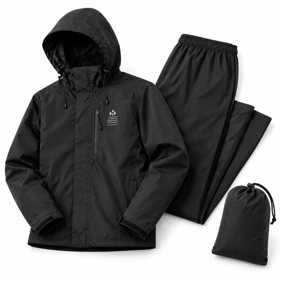 Lightweight Waterproof Rain Suit Jacket and Pants, Black, XX-Large