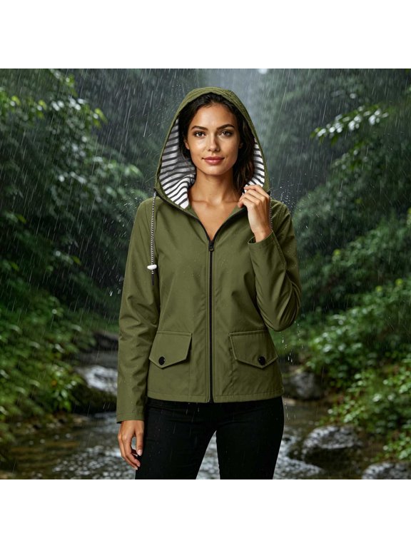 Lightweight Waterproof Raincoat For Women, Hooded Packable Windbreaker Long Lined Trench Jacket With Pockets Army Green M