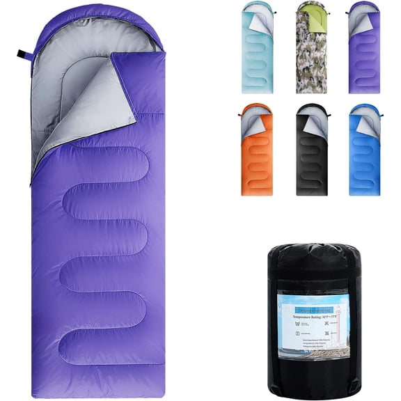 Lightweight Waterproof Sleeping Bag for Adults and Kids, 3-4 Season Use, Temperature Rated 5  C to 25  C, Purple Right-Zip Single Size