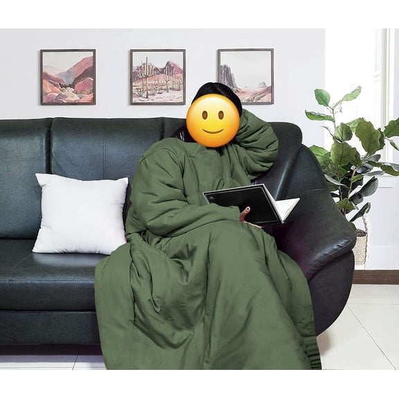 Lightweight Wearable Comforter/Blanket for Adult Women and Men, Super Soft Comfy Warm Plush Throw with Sleeves Wrap Robe - 6ft Size, Moss