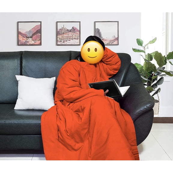 Lightweight Wearable Comforter/Blanket for Adult Women and Men, Super Soft Comfy Warm Plush Throw with Sleeves Wrap Robe - 6ft Size, Orange