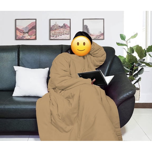 Lightweight Wearable Comforter/Blanket for Adult Women and Men, Super Soft Comfy Warm Plush Throw with Sleeves Wrap Robe - 6ft Size, Taupe