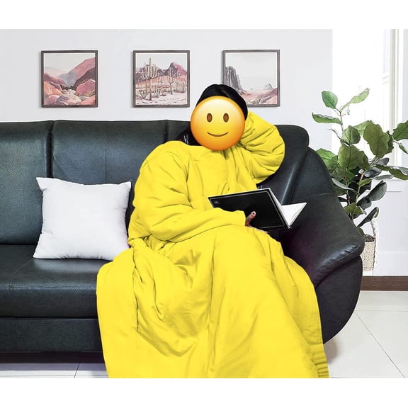 Lightweight Wearable Comforter/Blanket for Adult Women and Men, Super Soft Comfy Warm Plush Throw with Sleeves Wrap Robe - 6ft Size, Yellow