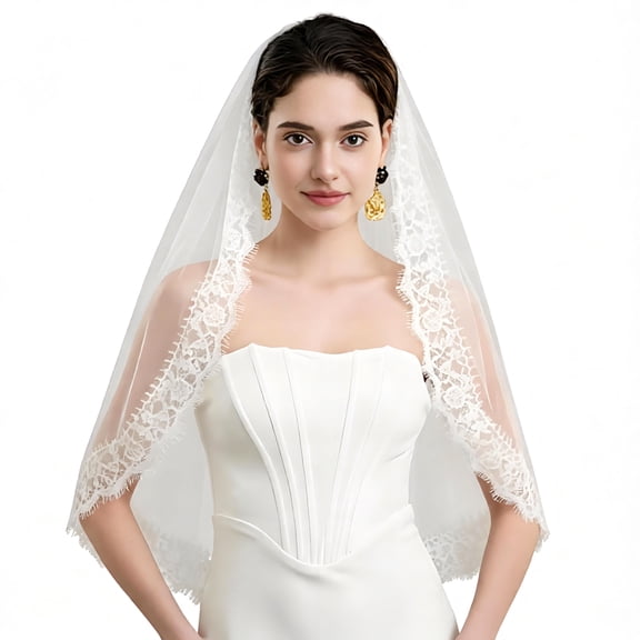Aurelia Lightweight Wedding Veil with Delicate Lace Bridal Veil, Soft Flowing Tulle & Metal Comb for Bride, Ivory