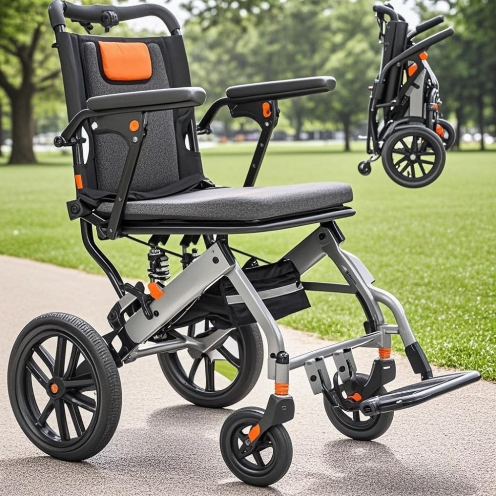 Lightweight Wheelchair with Shock Absorption Pump, Foldable Transport Wheelchairs for Elderly Adults, 10" PU Tire Wheelchair, 220lbs Load Capacity
