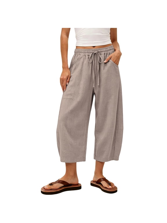 Lightweight Wide Leg Cropped Pants for Women,Women's Capri Pants Cotton Capri High Waist Drawstring Cropped Lounge Sweatpants with Pockets Khaki Xl
