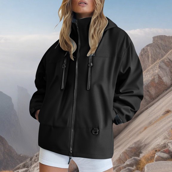 Lightweight Windbreaker Jacket with Hood, Packable Raincoat with Pockets, Polyester Fabric, Suitable for Outdoor Activities, Travel, Black 3XL, Size S-XXXL