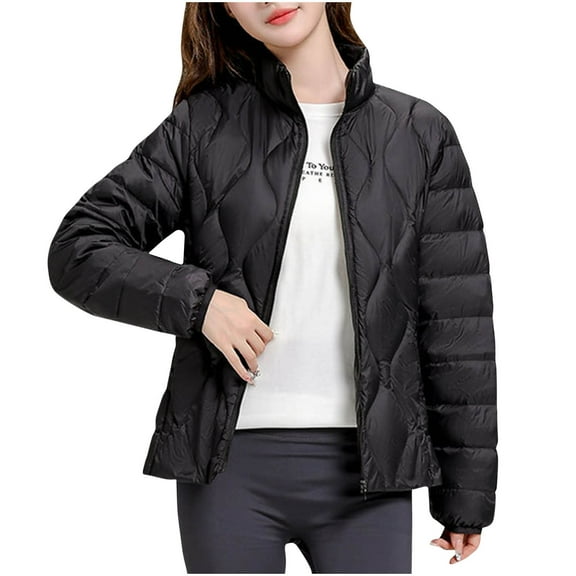 Lightweight Winter Jackets for Women Women's Packable Lightweight Coat Full-Zip Puffer Jacket Stand Collar Quilted Winter Short Coat Slim Plus Size Thin Jacket S-176 Black 3XL