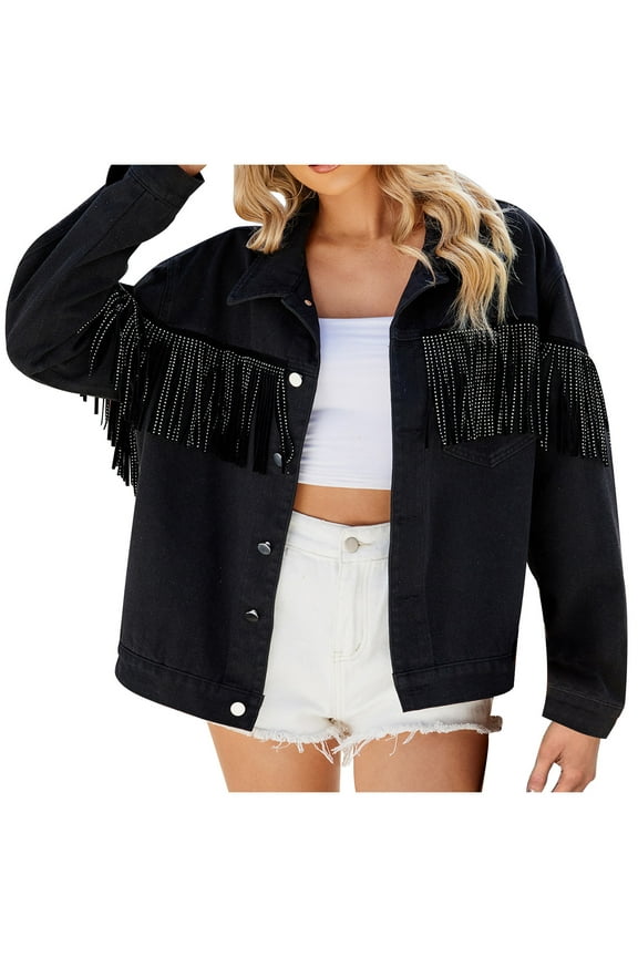 Lightweight Winter Jackets for Lady Womens Casual Tassel Black Denim Jacket Fashion Fringe Rhinestone Long Sleeve Button Jean Coats S-163 Black XL