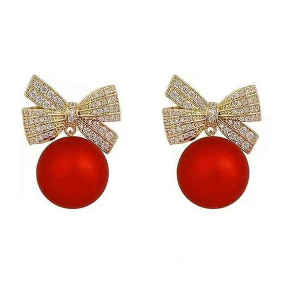 Lightweight Women Earrings Women's Bow Red Faux Pearl Stud Earrings New Year Gift