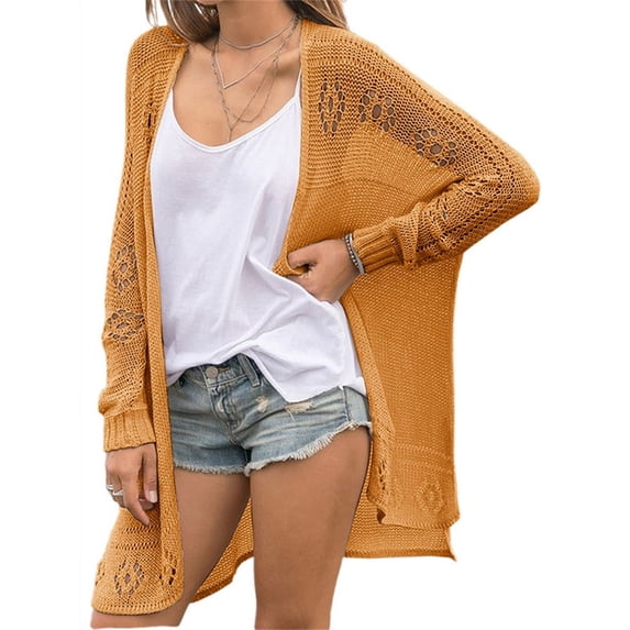 Lightweight Women Long Sleeve Open Front Knit Cardigan Hollow-Out Loose Kimino Wear