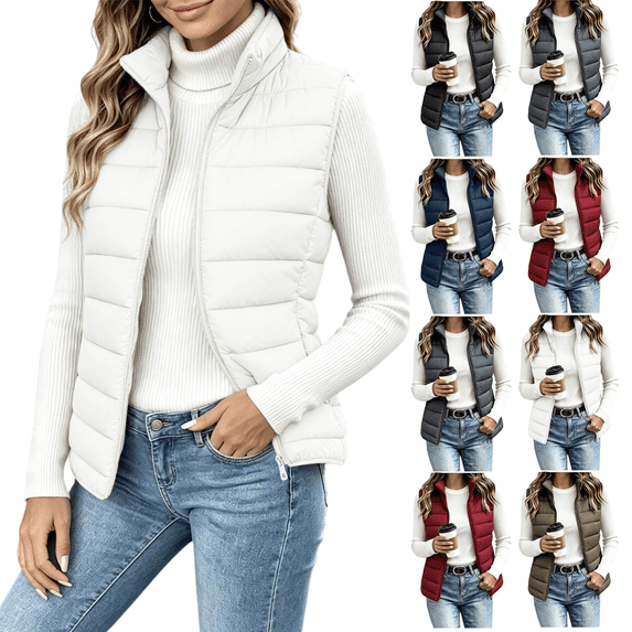 Lightweight Women Puffer Vest Padded Winter Warm Stand Collar Quilted Fall Sleeveless Jacket Zip Up down Gilet Comfy Cozy Outfis with Pockets Fit Casual Daily Workout