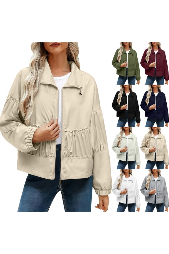 Lightweight Women's Casual Jacket Zipper Pleated Short Jacket Coat with Pockets Cold-Proof Windbreaker Outerwear for Spring Fall Fashion | CSEONE,Navy L