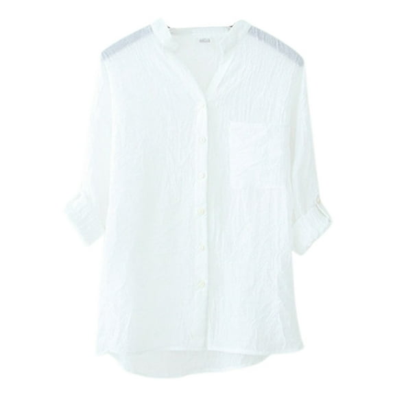 Lightweight Women's Linen Sunscreen Shirt Japanese Style Loose Fit 3/4 Sleeve Stand Collar Blouse For Summer Casual Wear Cooling Shirts for Women Cooling Shirts for Women