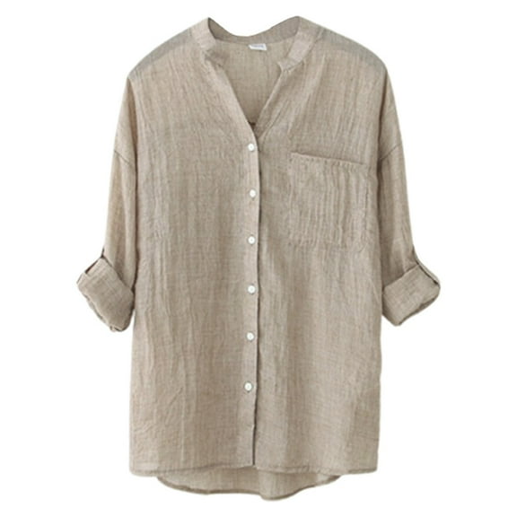 Lightweight Women's Linen Sunscreen Shirt Japanese Style Loose Fit 3/4 Sleeve Stand Collar Blouse For Summer Casual Wear Womens Long Sleeve Tops Womens Long Sleeve Tops