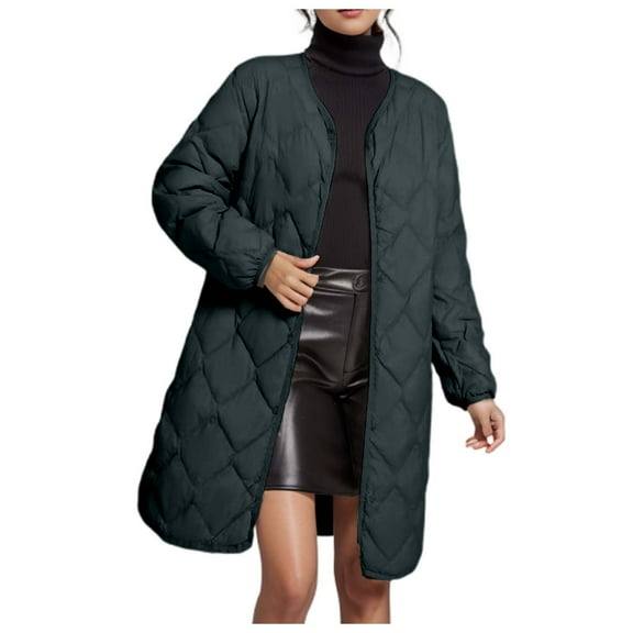 Lightweight Women's Mid Length Quilted Down Jacket Solid Color Long Sleeves Warm Winter Coat For Fall Outerwear