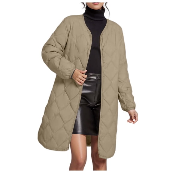 Lightweight Women's Mid Length Quilted Down Jacket Solid Color Long Sleeves Warm Winter Coat For Fall Outerwear