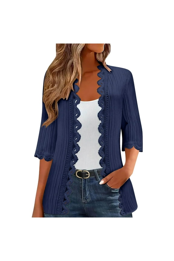 Lightweight Women's Open Front Kimono Cardigan 3/4 Sleeve Summer Cover Up Beach Lace Side Casual Sweater Jacket