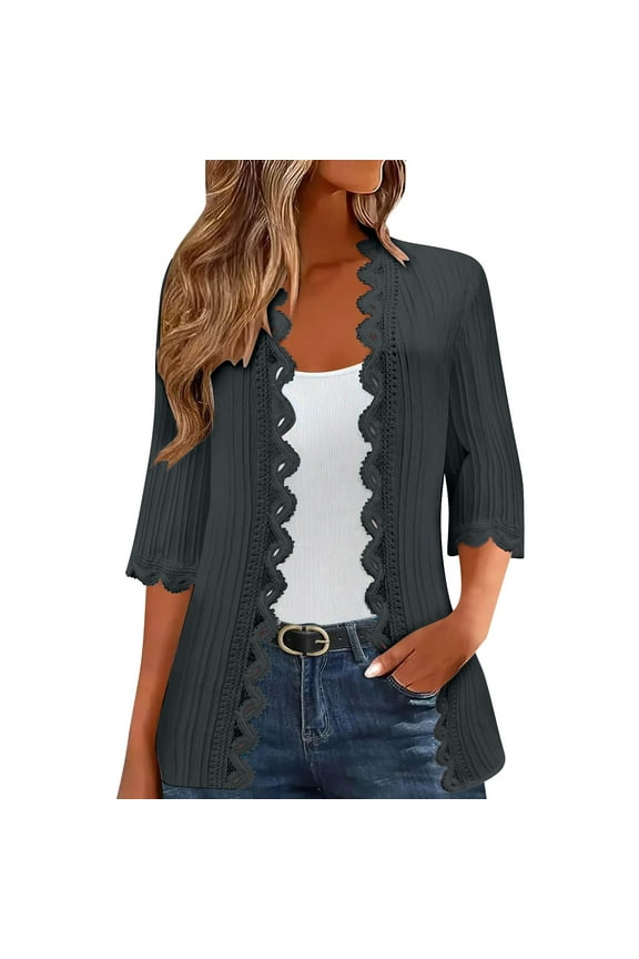 Lightweight Women's Open Front Kimono Cardigan 3/4 Sleeve Summer Cover Up Beach Lace Side Casual Sweater Jacket