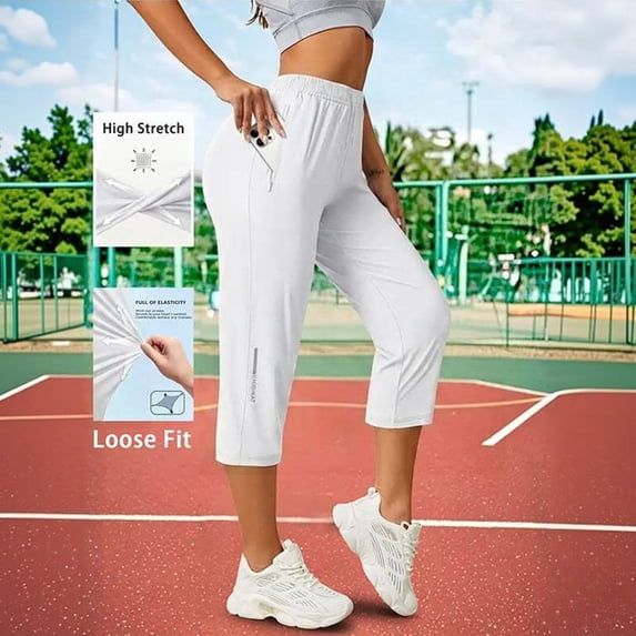 Lightweight Women's Summer Capri Pants,Ice Silk Hiking Joggers with Pockets,Quick Dry Athletic Sweatpants,Elastic Waist Loose Fit Cropped Trousers White XL