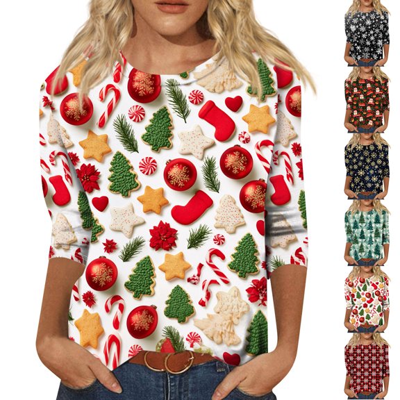 Lightweight Womens Christmas Crew Neck Tee 3/4 Sleeve Festive Casual Blouse M