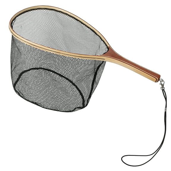 Lightweight Wooden Fly Fishing Net - Soft Mesh, Eucalyptus Black Straight Handle, Safe Catch & Release, Durable Landing Net for Trout, Bass, Freshwater & Saltwater