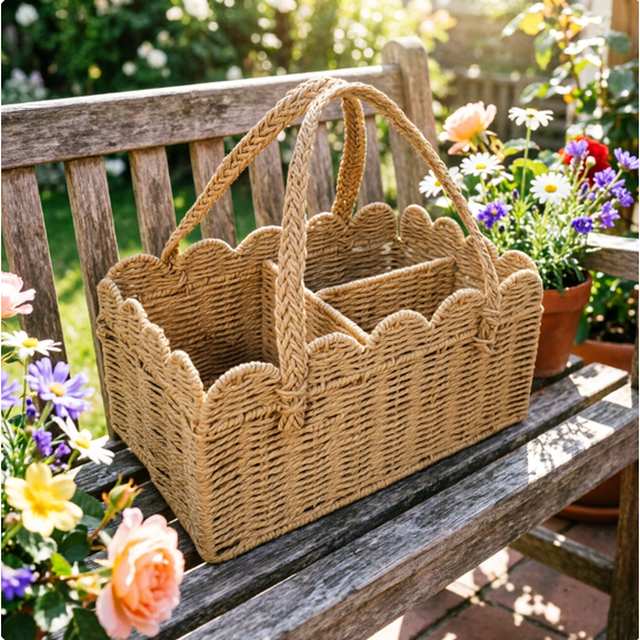 Lightweight Woven Storage Bin, Foldable Collapsible Basket with Scalloped Rim and Non-Slip Handles for Home Organization