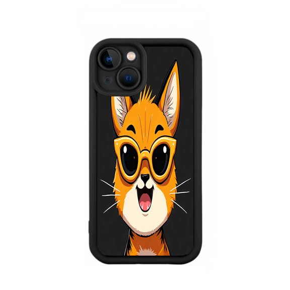 Lightweight Yellowing Resistant iPhone 15 Case - Cartoon Fox with Orange Sunglasses Design Surprised Expression Black Background