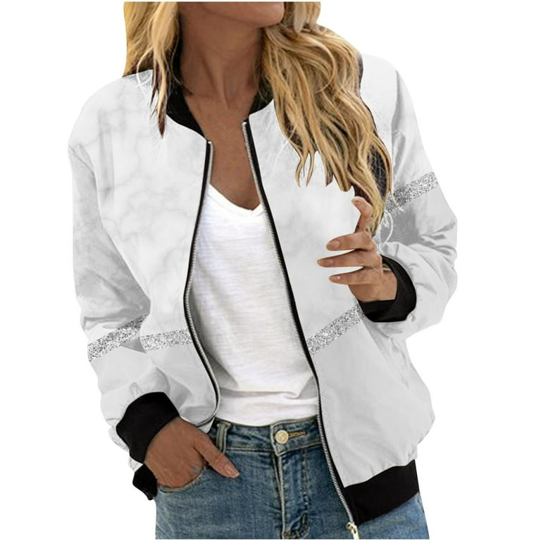 Lightweight Zip Up Bomber Jacket Women Long Sleeve Jacket with Zipper Color Block Jacket Plus Size Moto Jackets Fashion Windbreaker Jacket No Hood Oversized Winter Coats Cute Fall Outfits Trendy Sale