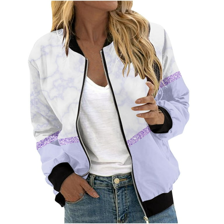Lightweight Zip Up Bomber Jacket Women Long Sleeve Jacket with Zipper Color Block Jacket Plus Size Moto Jackets Fashion Windbreaker Jacket No Hood Oversized Winter Coats Cute Fall Outfits Trendy Sale