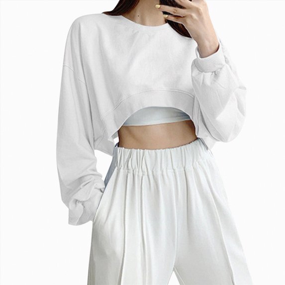 Lightweight Zip Up Hoodie Women Winter Fall Basic Crew Neck Long Sleeve Rolled Drop Shoulder Solid Color Cotton T Shirt (White,L)