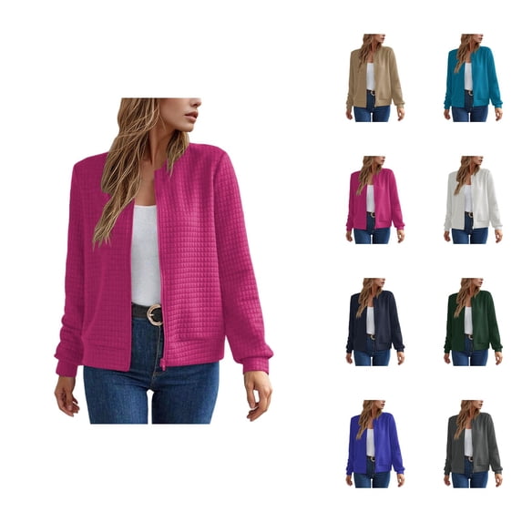 Lightweight Zip Up Jackets for Women Long Sleeve Casual Plain Waffle Jacket Fall Coat Outerwear