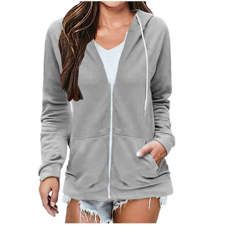 Lightweight Zip up Jacket for Women with Pockets Solid Color Long Sleeve Coat Drawstring Hooded Zipper Sweatshirt Large Gray