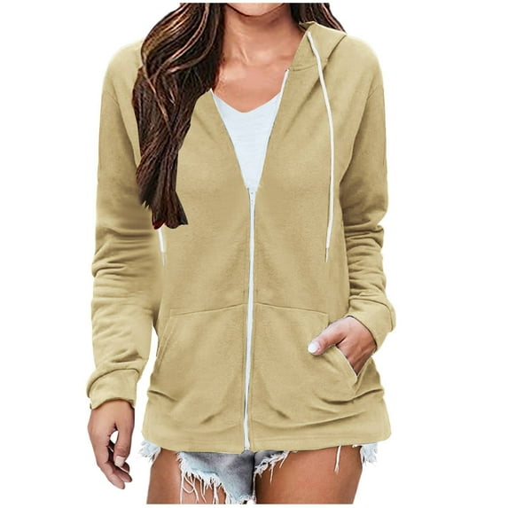 Lightweight Zip up Jacket for Women with Pockets Solid Color Long Sleeve Coat Drawstring Hooded Zipper Sweatshirt (X-Large, Khaki)