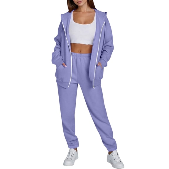 Lightweight Zipper Front Hoodie And Joggers Set Elastic Waistband Comfortable Women's Sports Wear With Side Pockets