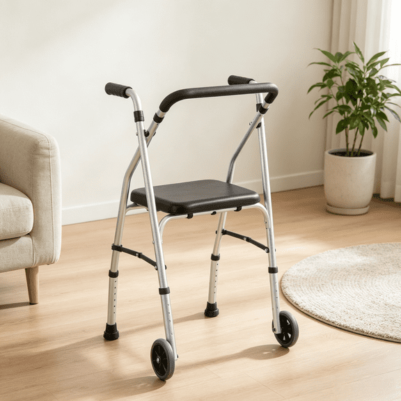 Lightweight aluminum mobile walking bike, equipped with 2 wheels, 5-level adjustable height, and padded seats
