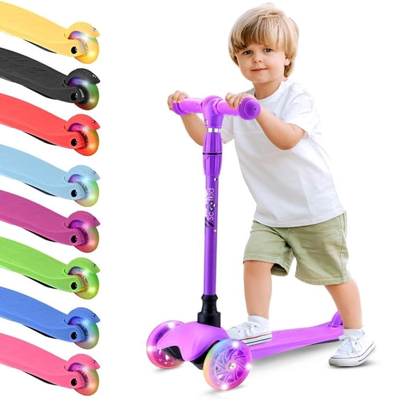 Lightweight and Adjustable Mini Kickboard Scooter with LED Light Wheel for Kids (Purple)
